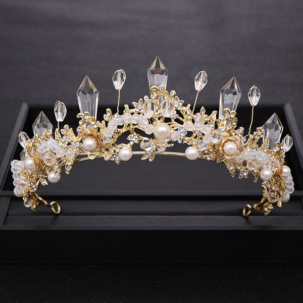 

trendy pearl baroque crystal column queen gold crown princess tiara bridal wedding diadem headpiece hair jewelry accessories, Golden;white