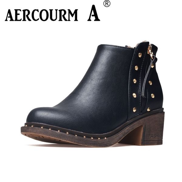 

2018 women pu leather ankle boots women winter solid color boots short plush shoes lady working shoes metal rivet, Black