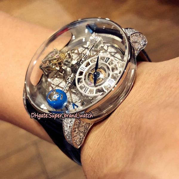 

luxury static version skeleton astronomical tourbillon dial swiss quartz mens watch silvery case leather designer watches, Slivery;brown