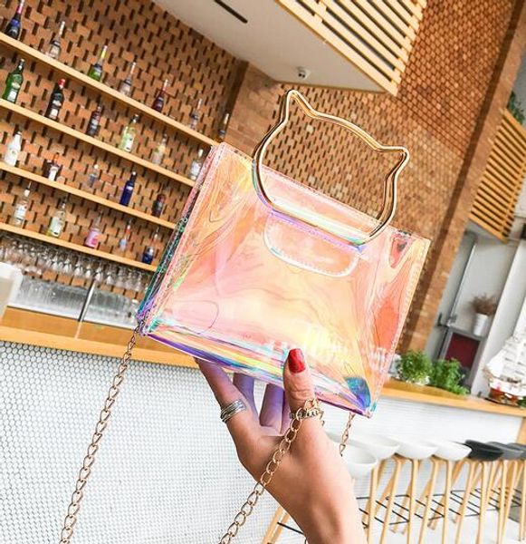 

sales wholesales package female 2019 new colorful laser cat mini transparent jelly package chain shoulder slung