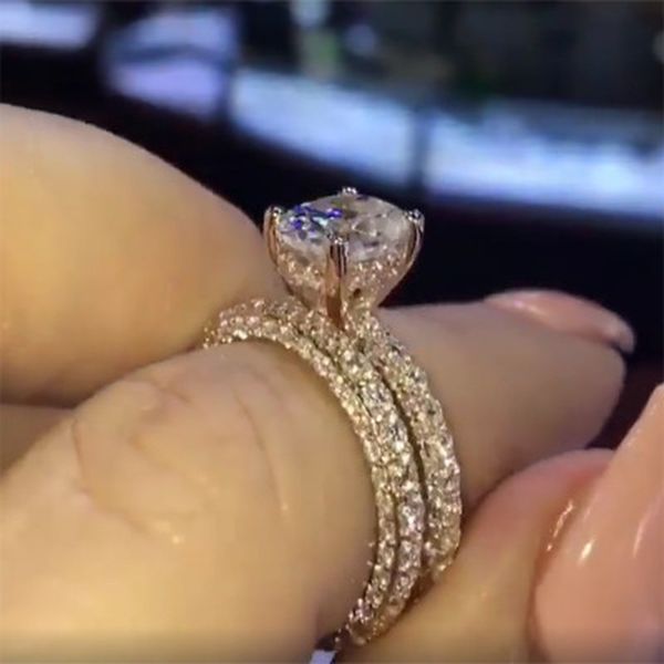 

plated silver new trendy sparkling round cut zircon ring set women fashion brilliant shiny stone rings teen girls 2 colors, Golden;silver