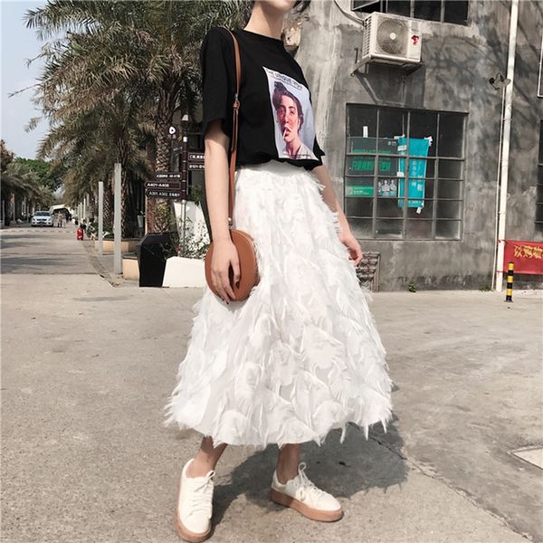 

white skirt women skirts feather chiffon tassel skirt for women high waist chiffon skirt a line white midi elegant female skirts womens, Black