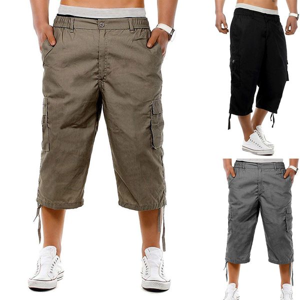 

men's pants men casual 3/4 multi-pockets simple breathable male for summer aic88, Black