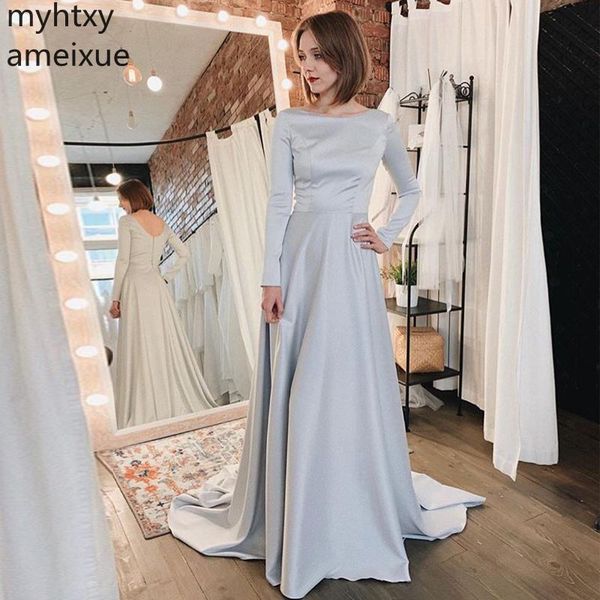 

custom simple a-line plus size prom dresses with long sleeves scoop neck silver formal party gowns 2019 new longo festa gala, White;black