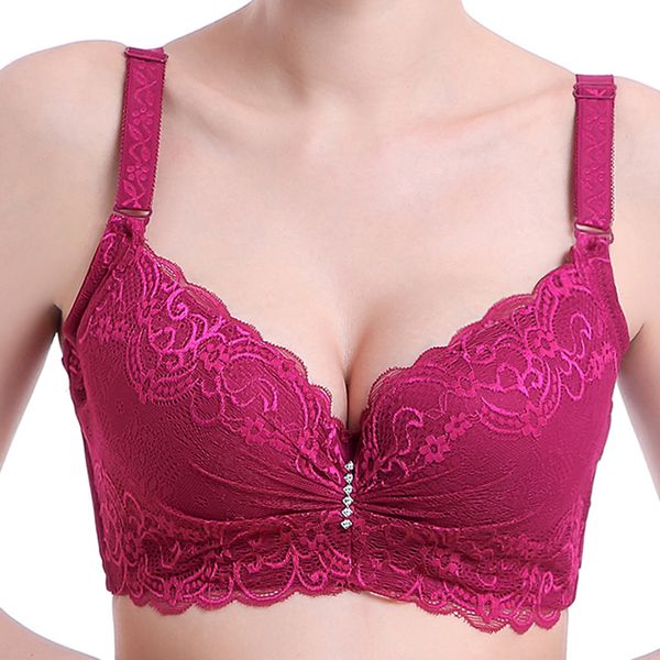 

thin plus size bra cup adjustable push up side gathering furu mm large c cup e women's underwear 3/4 lace push up bra bh, Red;black