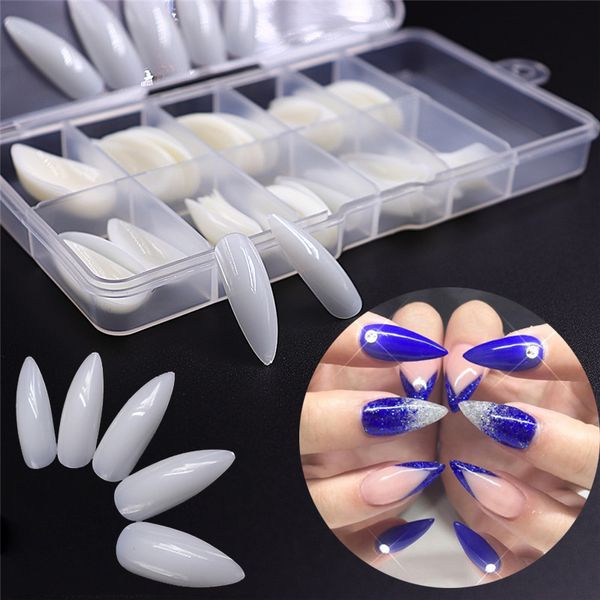 

100pcs/box long stiletto flase nail art tips white/clear/natural coffin ballerina nails flat shape full cover acrylic fake nails, Red;gold