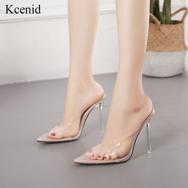 

kcenid 2020 pvc jelly slides mules pointed toe high heels women transparent perspex slippers shoes heel clear sandals size 35-42, Black