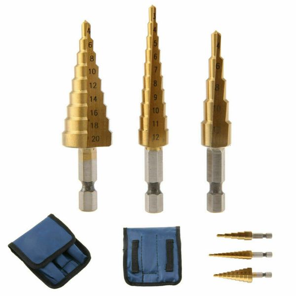 

3pcs step drill titanium coated hss metal cone hole cutter bits set + blue pouch