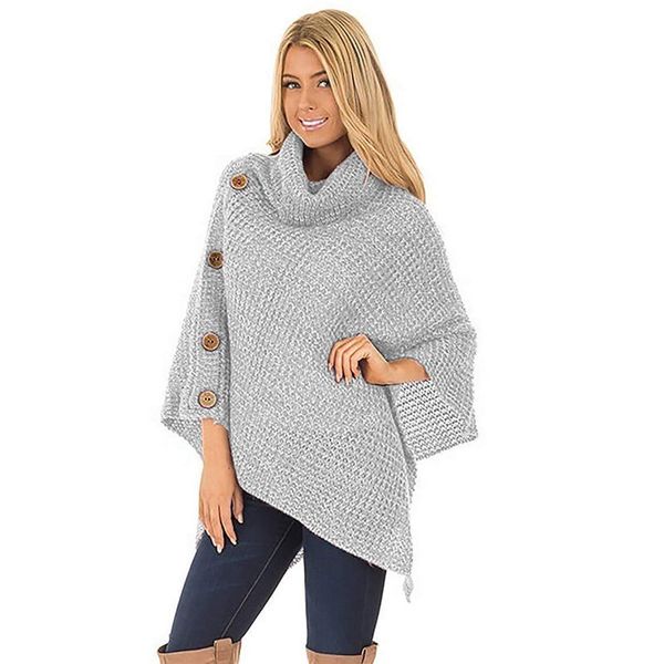 

casual women sweater cotton high-necked loose irregular knitted personality button solid lady's sweater streetwear, Black