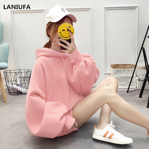 

new social harajuku hoodies women solid color hooded women sweatshirt long sleeved winter autumn thickening coat mujer p290, Black