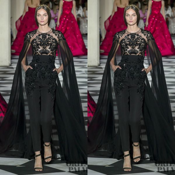 

black jumpsuits evening dresses with cape jewel neck lace appliqued beads dubai prom gowns zuhair murad long formal party dress, Black;red