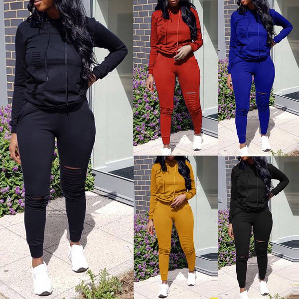 

women fashion casual active 2pcs long sleeve hooded pullover long solid pocket sweatshirt elastic waist pants 2 style e2, White