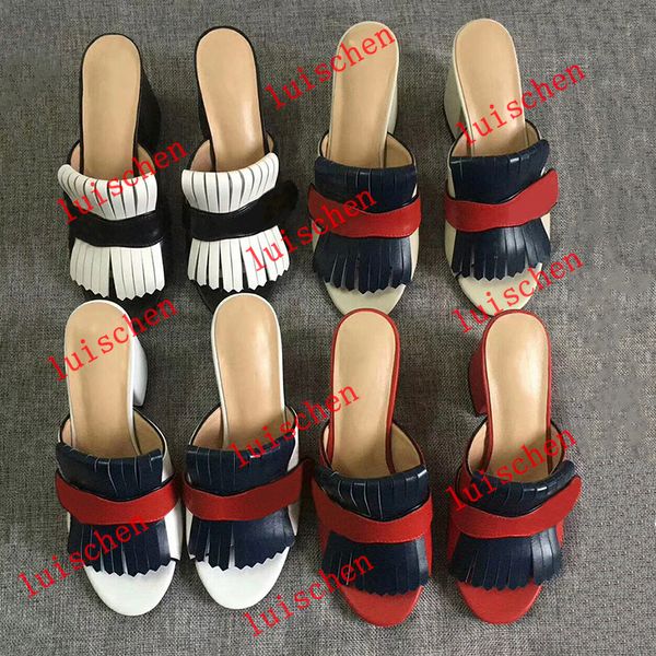 

luxury women's marmont sandals high heels platform slide suede leather with fringe double tone hardware vintage mid-heel designer shoes, Black