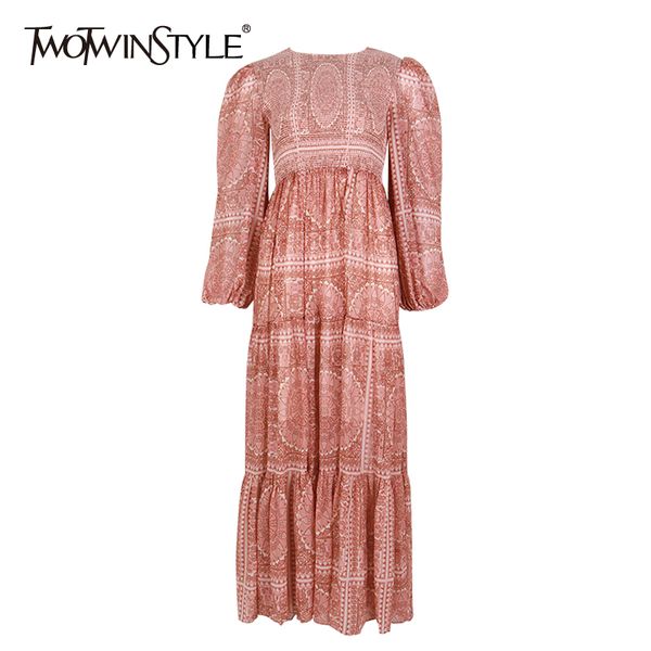 

twotwinstyle vintage print women's dress lantern long sleeve o neck high waist slim elegant dresses female 2020 autumn new, Black;gray