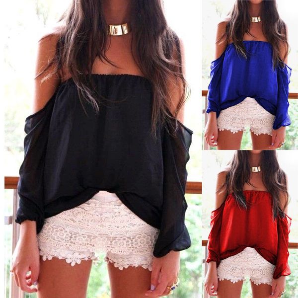 

women off shoulder long sleeve fashion shirt casual loose t-shirt, White