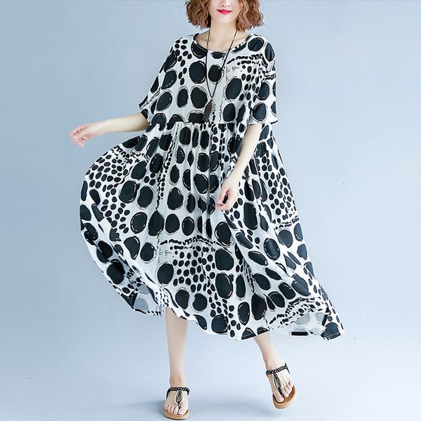 

designer dress womens dresses women summer dress plus size femme large vestidos clothing print dot black lady casual loose linen long, Black;gray