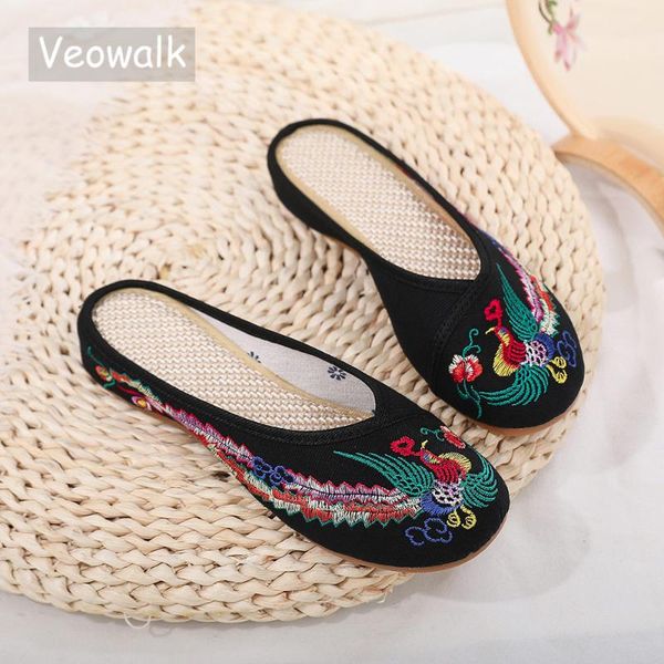 

veowalk phoenix embroidered women cotton close toe flat slippers comfortable summer slides handmade retro ladies summer shoes, Black