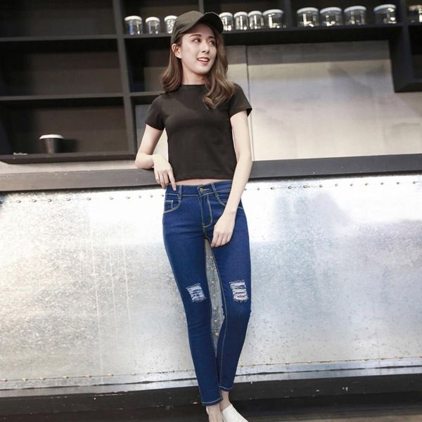 

women's jeans new 2020 autumn summer casual tight-up high-waist hole elastic button zipper denim trousers jeans plus size#g30, Blue