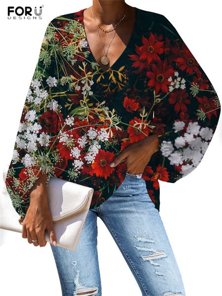 

forudesigns 2019 ladies flower design blouse floral rose v-neck long-sleeved blouse work batwing sleeve loose shirt, White