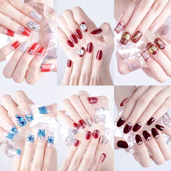 

full cover false nail with design pre-design short round head fnished nails art self-adhesive with drill lot 24count, Red;gold