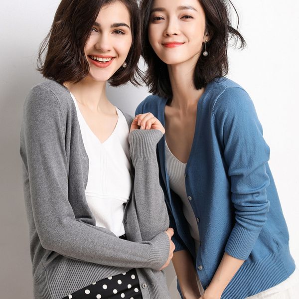 

beliarst 2019 new spring and autumn thin sweater women's cardigan long-sleeved v-neck short sweater small shawl coat shirt, White