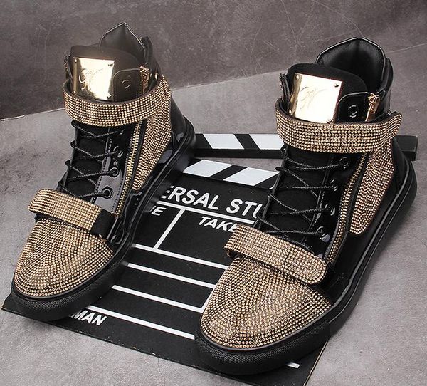 

new men's glitter rhinestones high casual flats shoes skateboard thick bottom sneakers sapato social masculino, Black