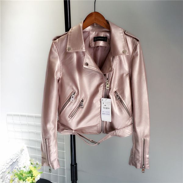 

deat 2019 autumn winter pink silver pu cropped moto style slim leather zipper jacket women mf953, Black