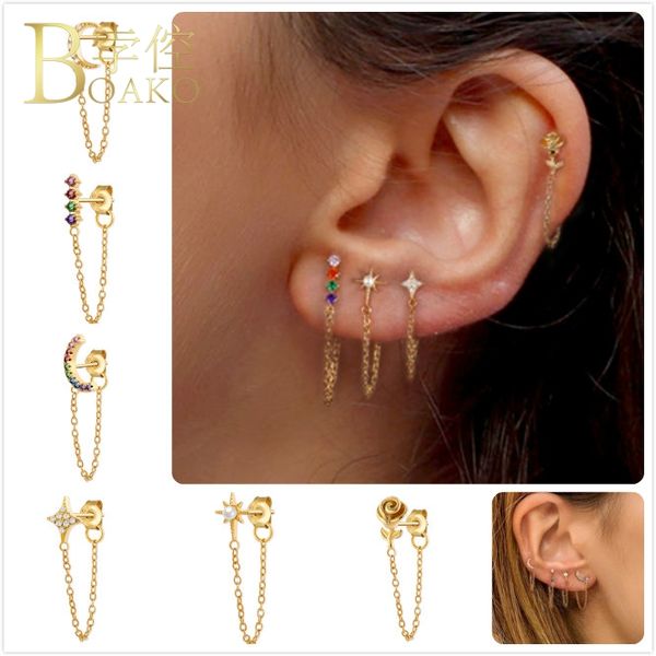 

boako 925 sterling silver earrings for women moon star tassel earrings girl ear bone chain aretes zircon rose flower earring z5, Golden;silver