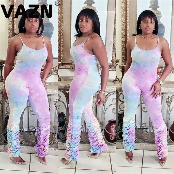

vazn women's clothing summer sleeveless jumpsuits tie dye print colorful long pant bandage rompers, Black;white