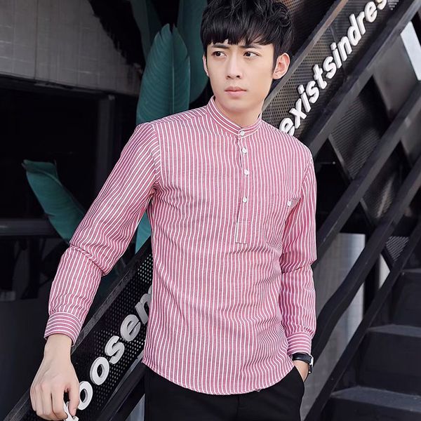 

men's stand collar shirt small stand collar design with stylish british temperament simple style fresh men's striped shirt, White;black