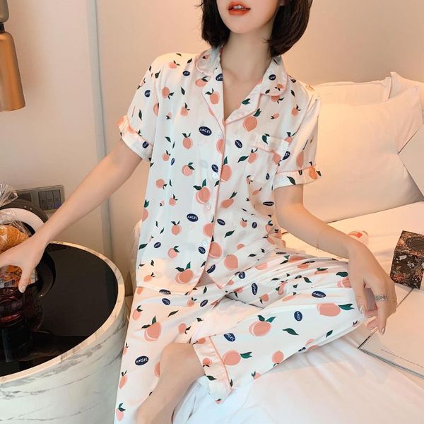 

cute peach print pajamas satin home clothes for women silk pyjamas sleepwear set pijama mujer women's summer short sleeve 2020, Black;red