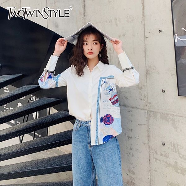 

twotwinstyle print shirts blouse women lapel collar long sleeve oversized korean female spring 2019 ladies ol fashion, White