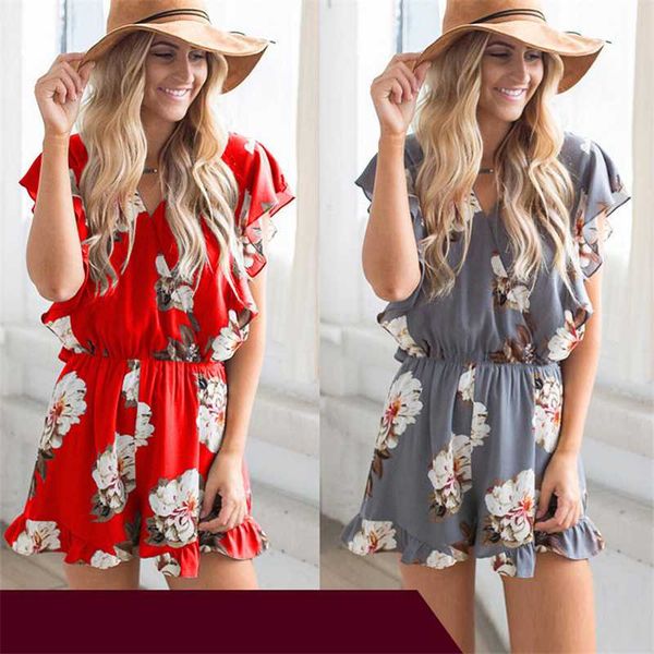 

2020 new women casual beach playsuit summer female ruffles v-neck red printing party rompers ladies jumpsuits, Black;white