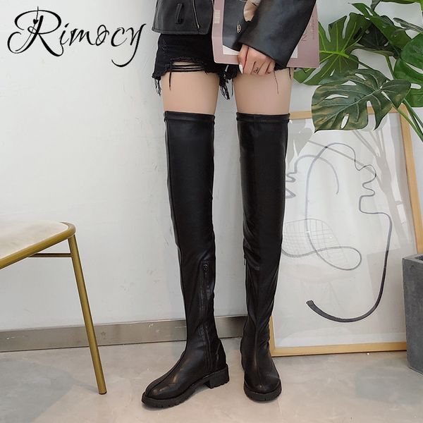 

rimocy plus size 43 women thigh high boots slip on pu leather over the knee boots female fashion autumn winter woman shoes black ly191224