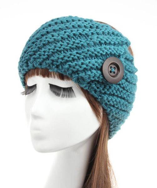 Winter Frauen Knopf Stirnband breite Wolle stricken Turbane Ohrwärmer Mützen Mütze handgemachte Häkelhaarbänder Großhandel