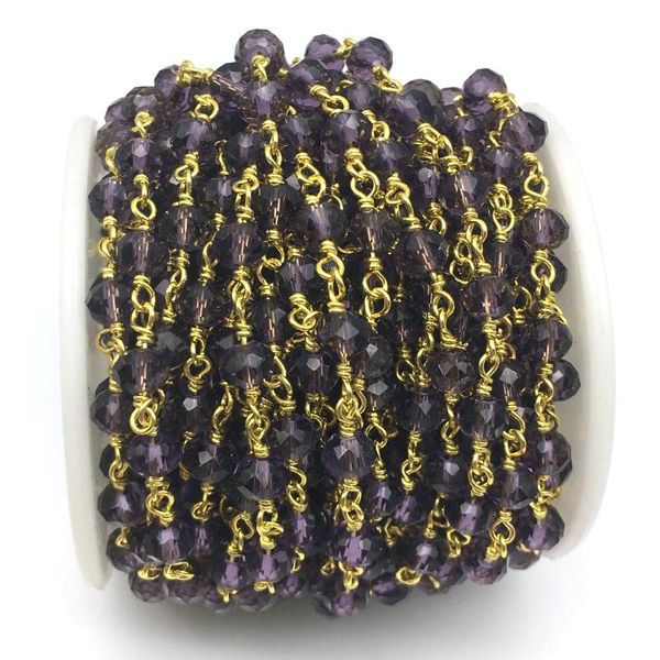 

4x6mm pruple glass faceted rondelle connect beads rosary chains,brass wire wrapped glass beads link for necklace bracelets, Silver