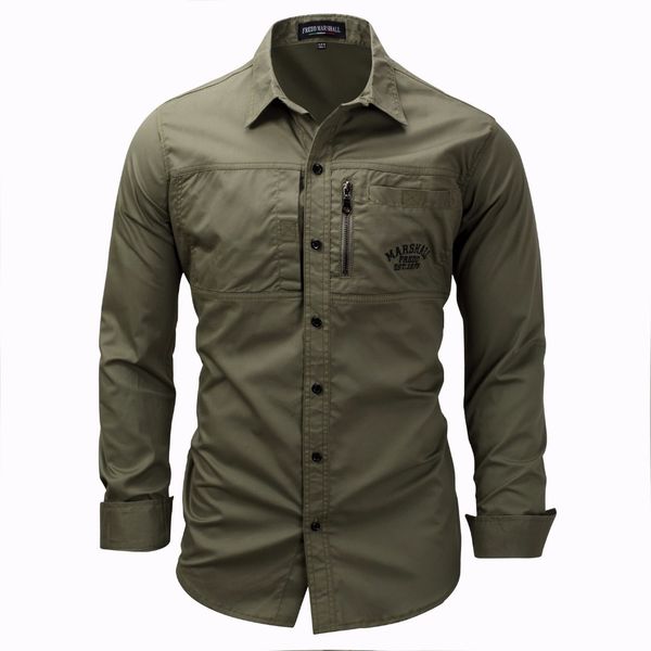 

Men Shirt Military Mens Long Sleeve Slim Fit Camisa Masculina Khaki Army Green Shirt High Quality Shirt Men
