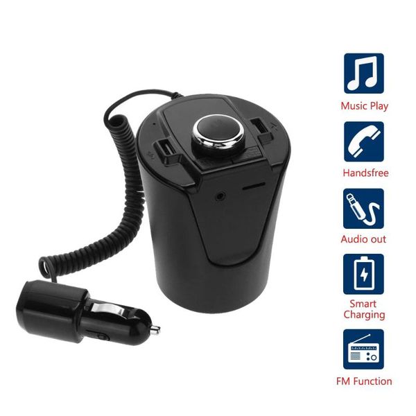 

car bluetooth fm transmitter music player cup holder hands calling support u disk tf card dual usb charger music player 5