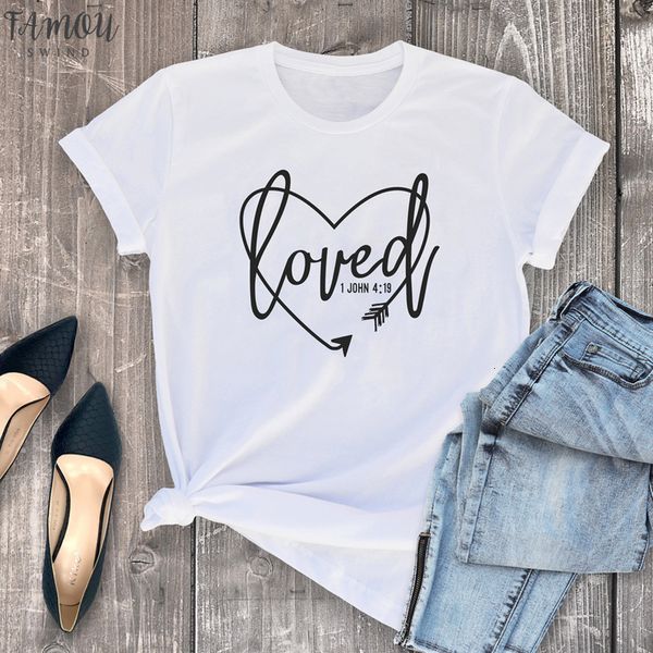 

loved 1 john 4:19 t shirts femme summer vintage faith petal sleeve bible verse tee shirt men women religious christian scripture, White
