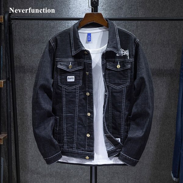 

autumn men fashion embroidery slim fit jeans jacket streetwear hip hop motorcycle casual male denim jackets coat outerwear 5xl, Black;brown