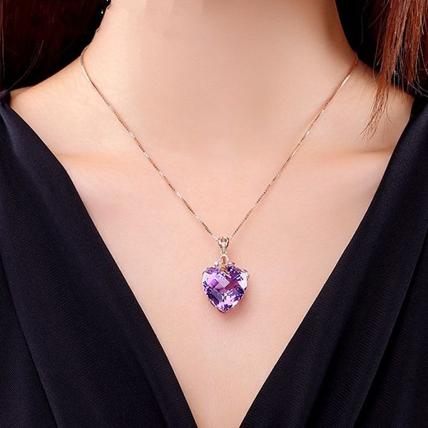 

women necklace pendant heart shape amethyst pendant rose gold necklace jewelry charm wedding party fine jewelry, Silver