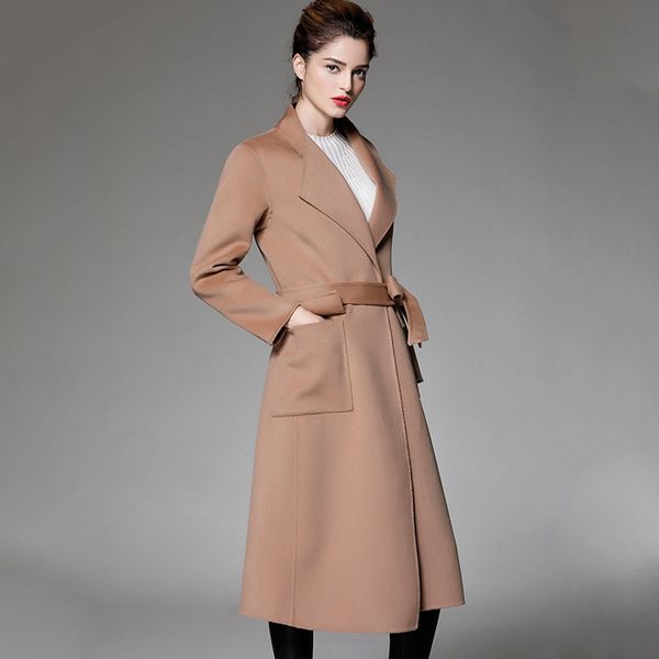 

long woolen blends cashmere coats for women 2019 autumn winter ladies jackets plus size overcoat beige belt casual fashion, Black