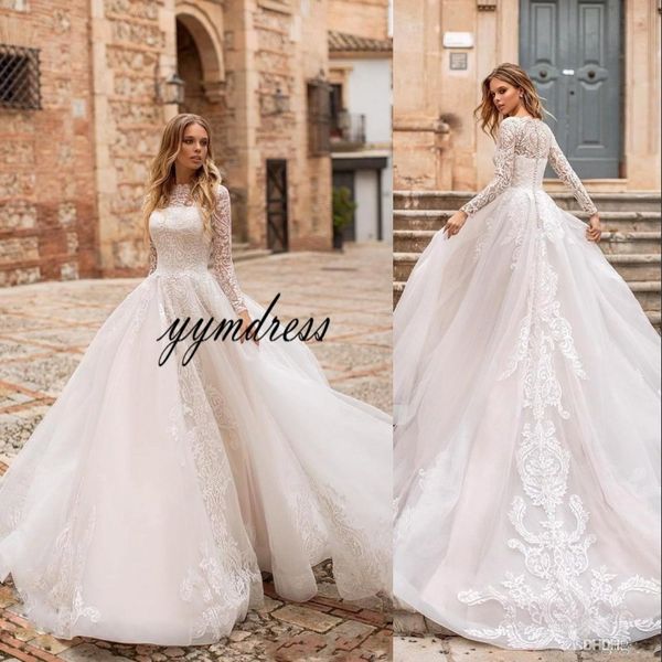 

2019 long sleeves lace a line wedding dresses tulle lace applique sweep train formal bridal gowns robe de mariÃ©e bc0581, White