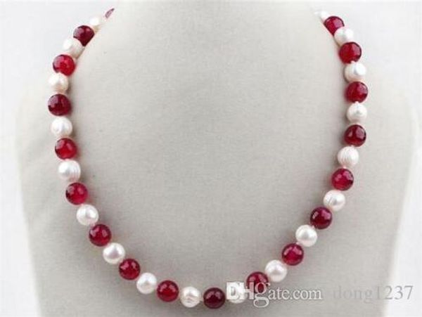 

beautifullong 24" 7-8mm natural white pearl & red jade round beads necklace, Silver