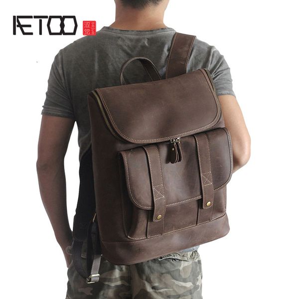 

aetoo europe and the united states retro leather shoulder bag crazy horse skin men and women leisure travel bag 15-inch