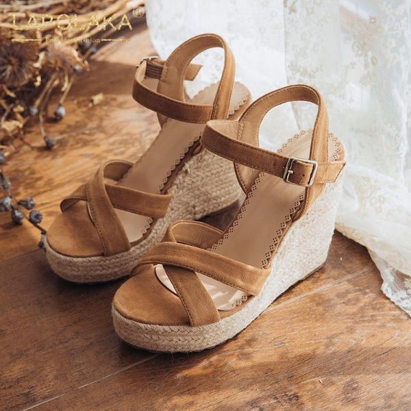

lapolaka new fashion 2020 dropship wedge high heels summer sandals women shoes woman buckle strap platform concise sandals, Black