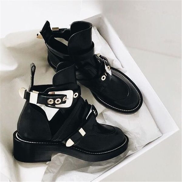

punk booties buckle straps thick heel black ankle boots cut out woman boots motorcycle brand designers round toe summer shoes t200111