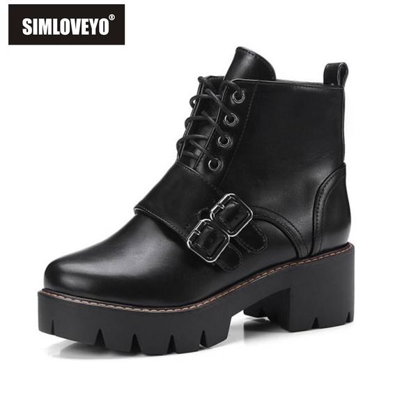 

simloveyo 2019 new winter round toe platform boots buckle lace up motorcycle bottines mujer black geen szie 43 b1577
