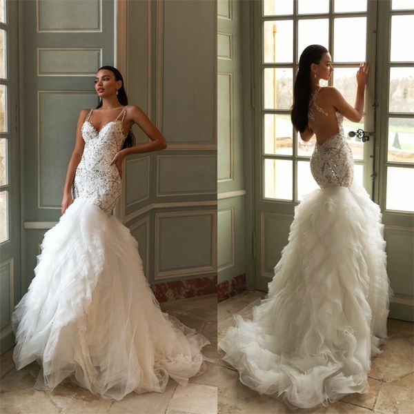 

mermaid wedding dresses spaghetti strap appliqued lace beaded bridal gowns backless tiered tulle sweep train vestidos de novia, White