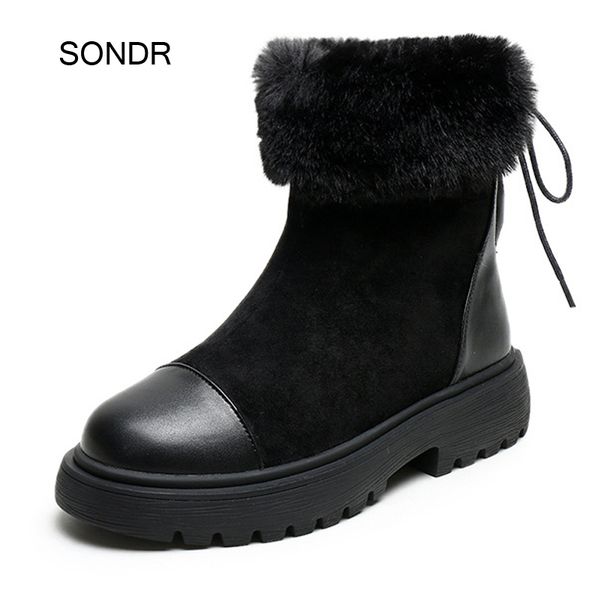 

2019 winter new warm shoes women fashion real leather snow boots plush female botas mujer with fur ladies mid calf boots black